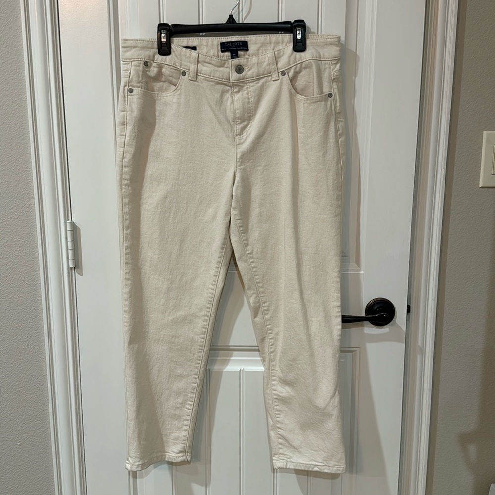 Talbots, ivory denim jeans, 14 petite.